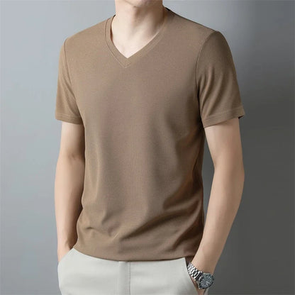 2024 Men's Waffle V Neck Short Sleeve T-Shirt Summer Comfortable Breathable Fashion Top in Solid Colors
