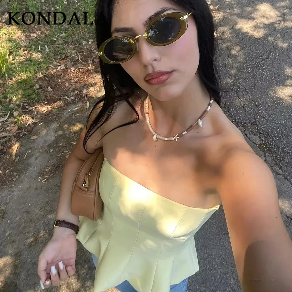 2026 Spring Summer Butter Yellow Sexy Women Tops Fashion Solid Strapless Short Tops Chic Streetwear Ladies Tops