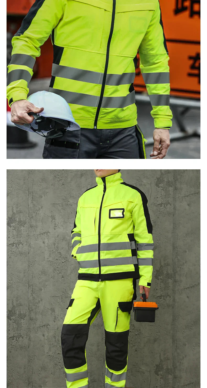 Men's Workwear Suit Work Suit Fluorescent Yellow Work Jacket and Pants Set with Multi Pockets Work Wear