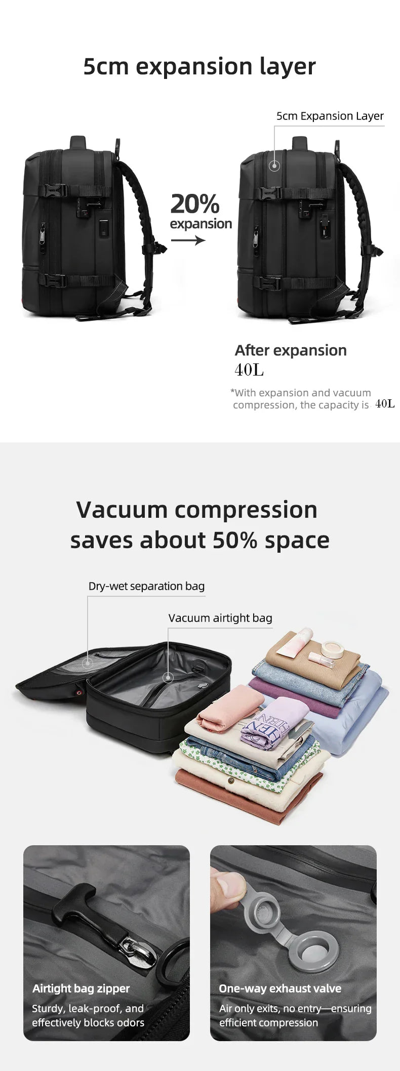 Travel casual Backpack 16 inch vacuum compression Laptop Backpack USB charging school Backpack Extended Hiking Business backpack