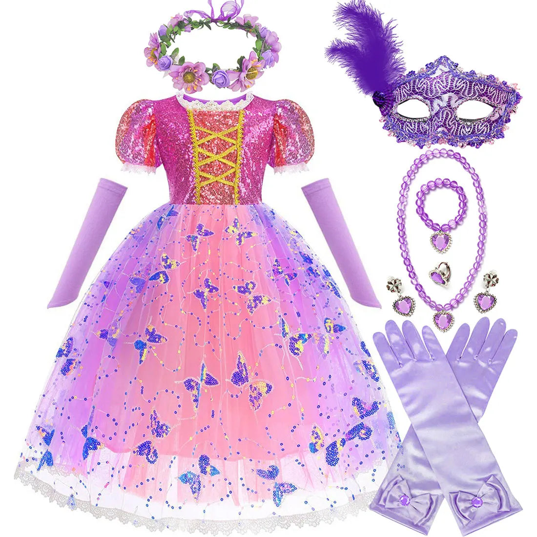 Short Sleeve Purple Puffy Dress + Accessories Girls Cosplay Rapunzel Summer Casual Dress Birthday Party Gift
