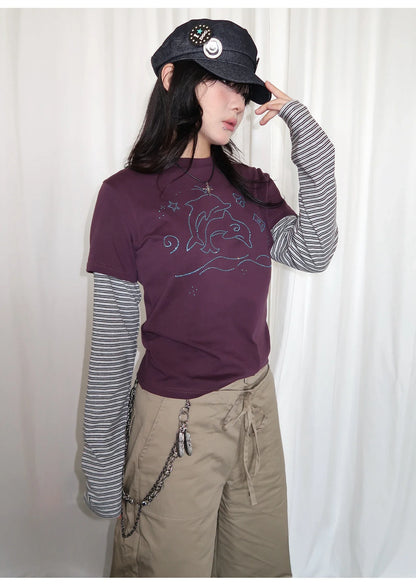 Y2k Vintage T-shirt Women Long Sleeve Patchwork Japanese 2000s Grunge Tops Streetwear American Retro Print Graphic Tops
