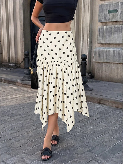 Elegant Summer Women Polka Dot Midi Skirt 2026 High Waist Irregular Hem Flowy Ruffle Skirt Beach Vacation Office Party Casual