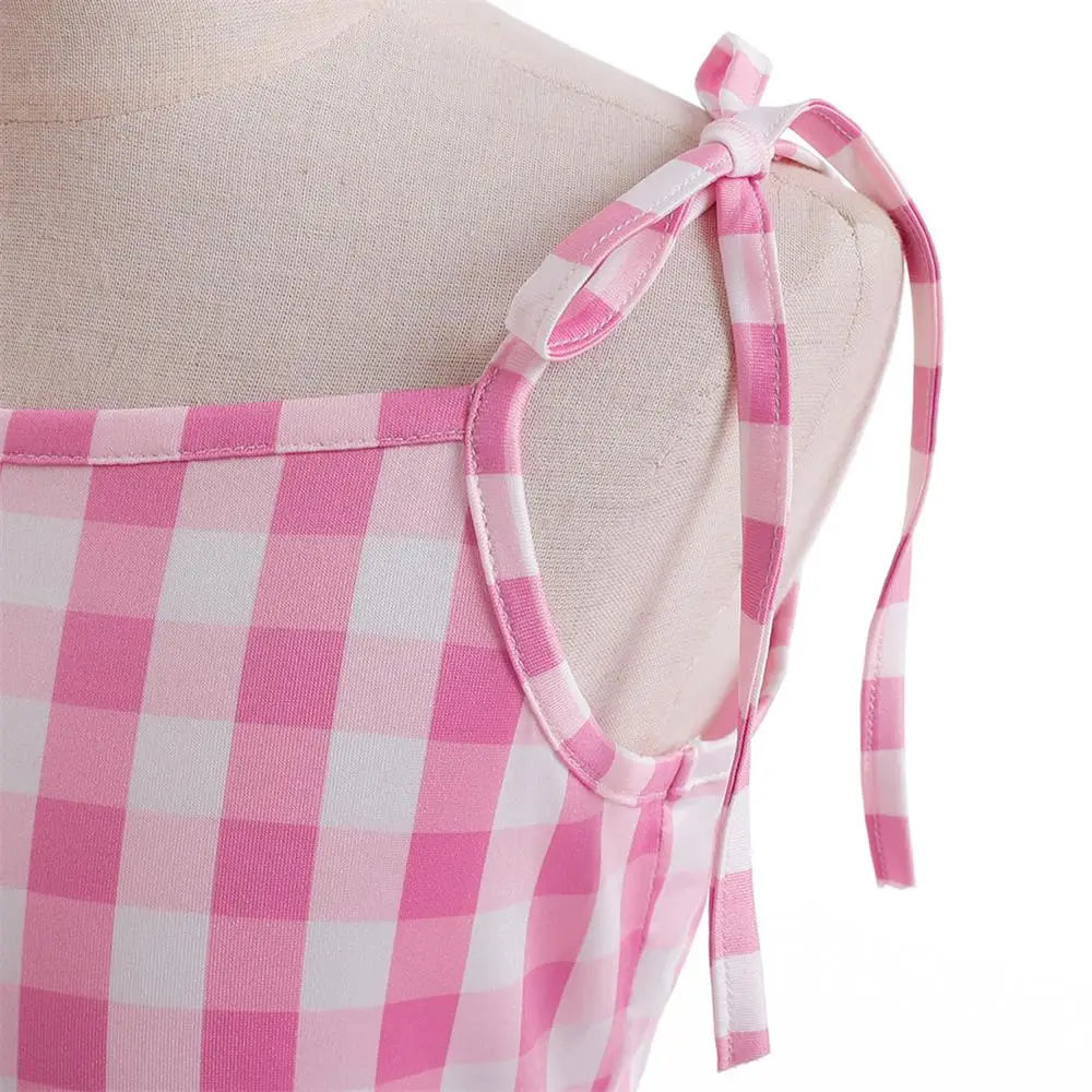 Girl Cosplay Costume Children's Summer Sweet Pink Plaid Dresses Party Princess Dress Casual Clothing 4-13 Years Old