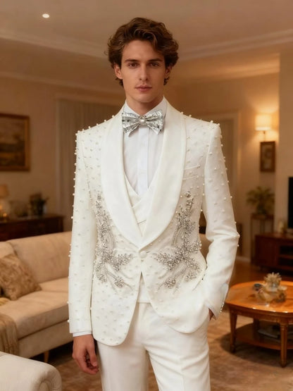 White Luxurious Pearls Suit Set 3 Pieces For Men Wedding Groom Sets Elegant Shawl Lapel Men's Suits Dancing Wear Party Tuxedo