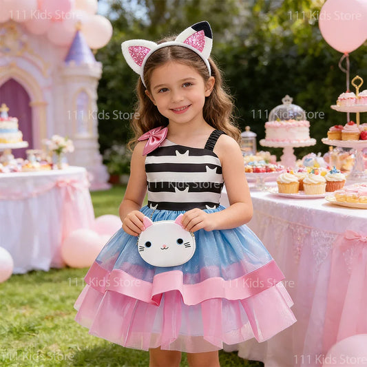 2026 Summer New Kids Girls Puffy Princess Dress Cat Striped Tutu Dress Children Birthday Party Gabby Dollhouse Cosplay Costume
