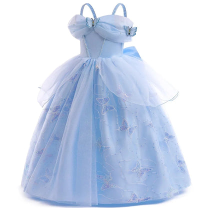 Fashion Embroidery Butterfly Princess Dress Girls Cinderella Cosplay Costumes Blue Gown for Carnival Birthday Evening Dress