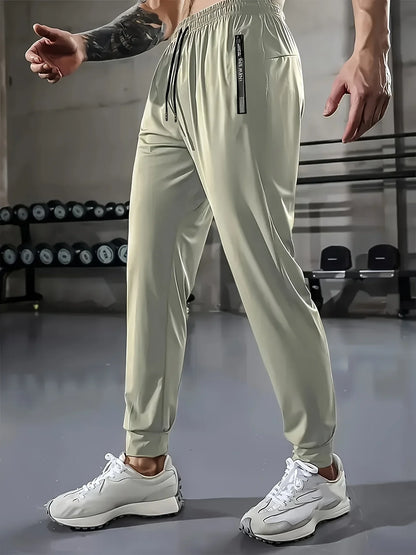 Summer Clothes Football Men's Ice Silk High Elastic Breathable Trousers With Drawstring Zipper Pockets Casual Sports Trousers
