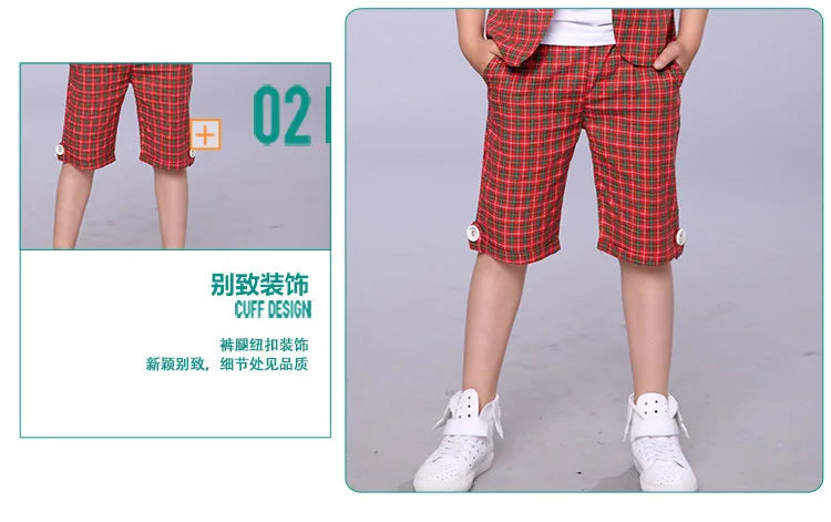 2022 Children Summer Formal Suit Boys Blazer+Shorts 2Pcs Photograph Set Kids Plaid Wedding Performance Dress Ceremony Costume