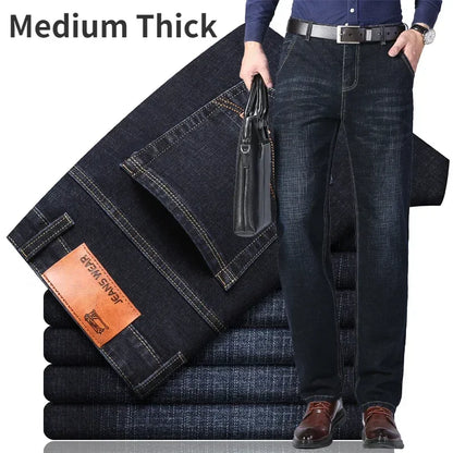 2026 Brand Thin or Thick Material Straight Cotton Stretch Denim Men's  Business Casual High Waist Light Grey Blue Jeans