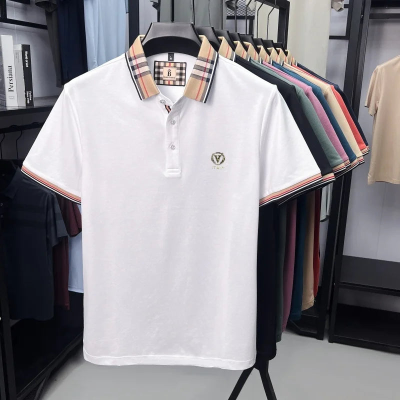 High end brand men's short sleeve polo shirt summer new letter emboss lightweight breathable fashion color blocked lapel T-shirt