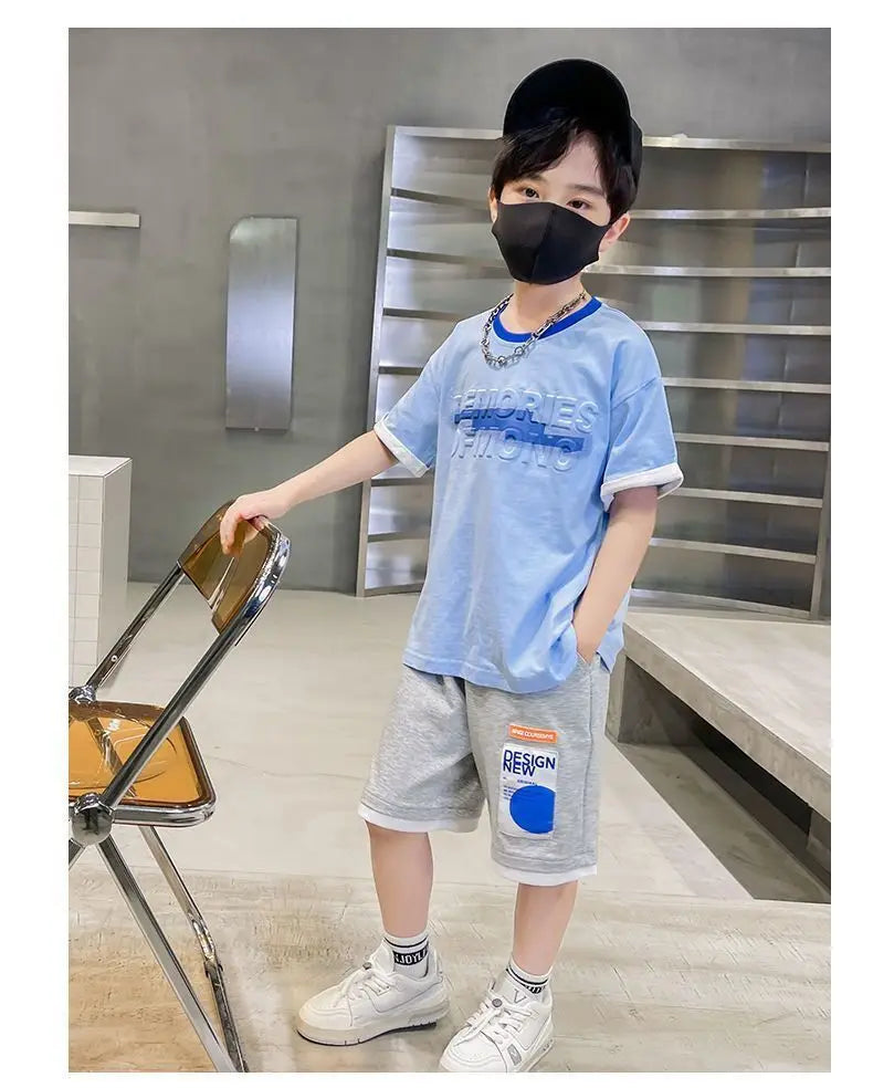 Teen Boys Tracksuit Clothes Sets 2026 Summer Children Gradient Letter Print Short Sleeve T-shirt+Shorts 2Pcs Kids Casual Outfits