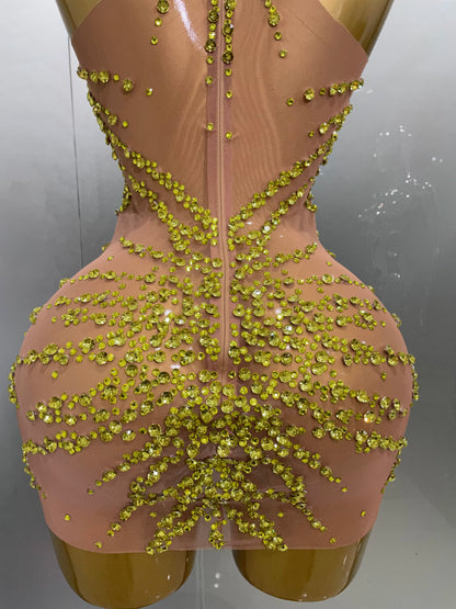 Rhinestones Sexy Mesh See Through Dress Party Evening Prom Celebrate Birthday Dress Singer Dancer Show Stage Wear