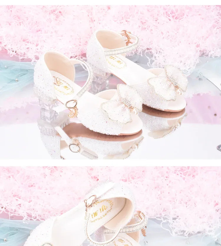 2025 Summer Girls' Princess Shoes Fashion Sequin Bow Soft Bottom Children's Sandals Girls' Performance Pearl Crystal High Heels