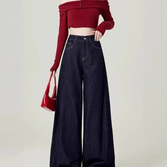American Style High Waist Wide Leg Blue Jeans Women's Spring Autumn Loose Slimming Draping Floor-Length Trendy Trousers