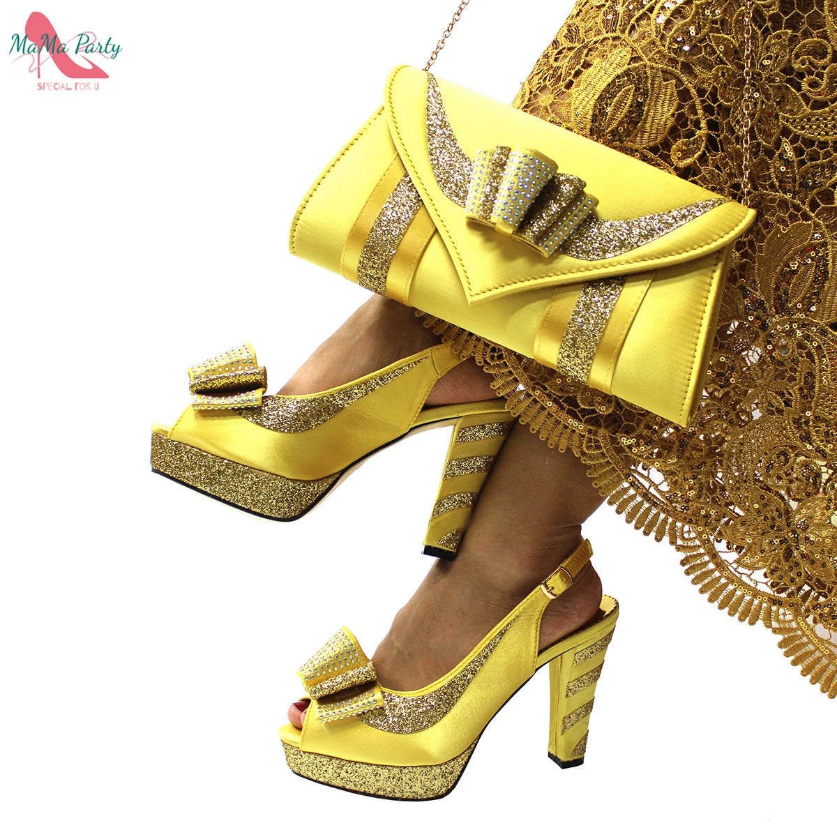 Fashion Pretty Peep Toe African Women Shoes Matching Bag Set in Silver Color Elegant Style Platform Sandals for Party