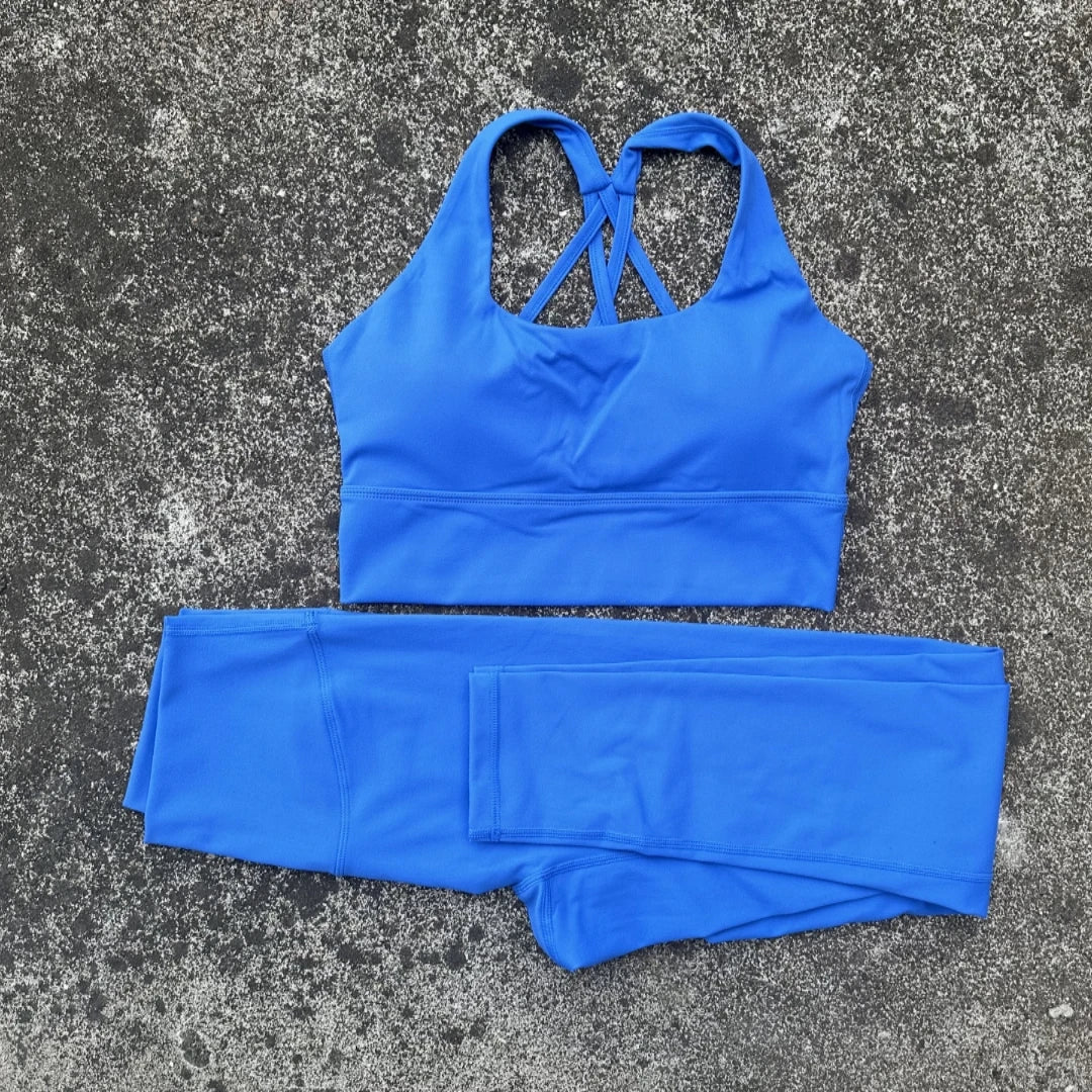 Solid Color Women Gym Yoga Set Shoulder Strap Cross Back Push Up Sport Bra High Waist Yoga Leggings 2pc Sportwear Workout Wear