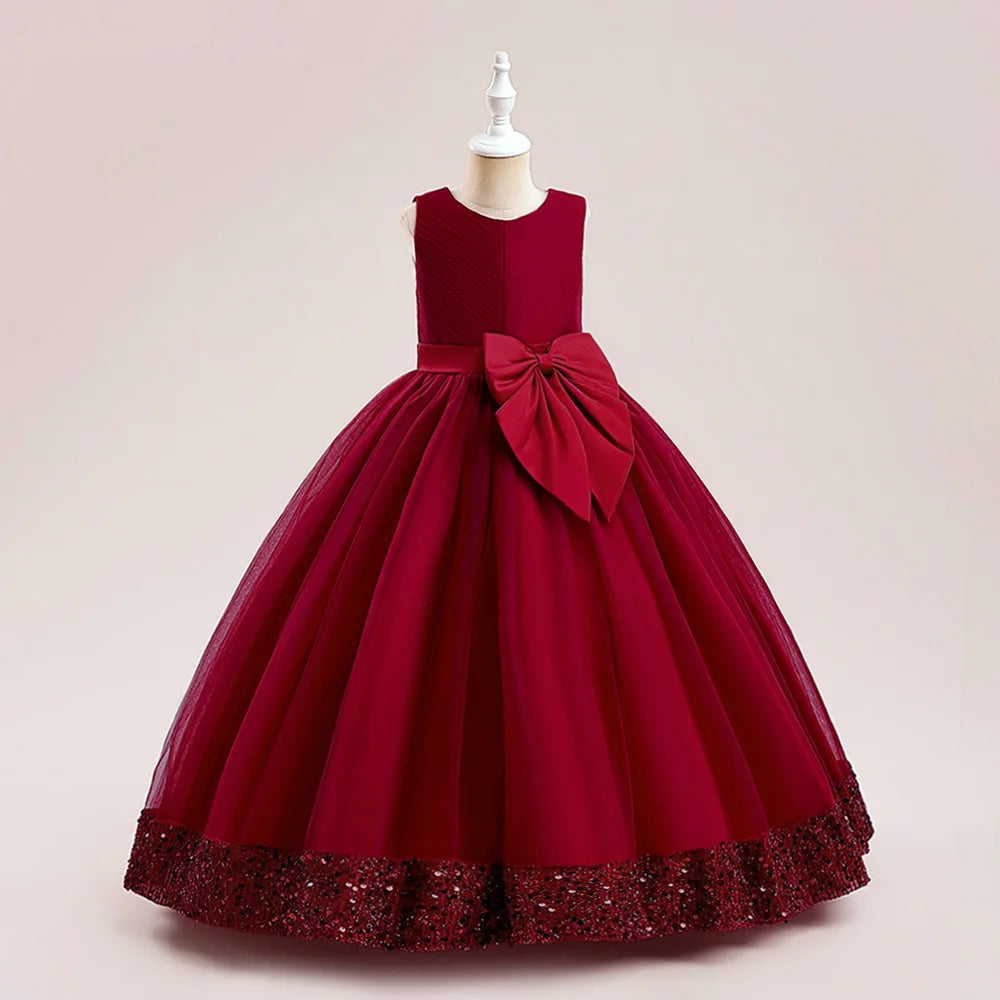 Teen Girls Luxury Big Bow Evening Gown Wedding Bridesmaid Party Dress For Girl Kids Sequin Princess Birthday Dresses Summer Wear