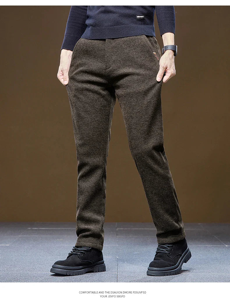 Men's Winter Casual Pants Thick Fleece Warm Elastic Waist Straight Slim Trousers Light Business Comfort Daily Wear Thermal Pants
