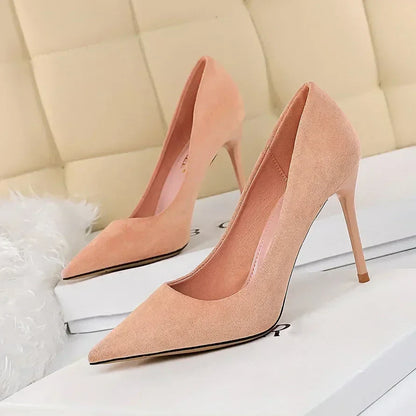 Women 9cm High Heels Daily Party Colorful Suede Pumps Female Scarpins Stiletto Evening Banquet Red Yellow Shoes Plus Size 34-43