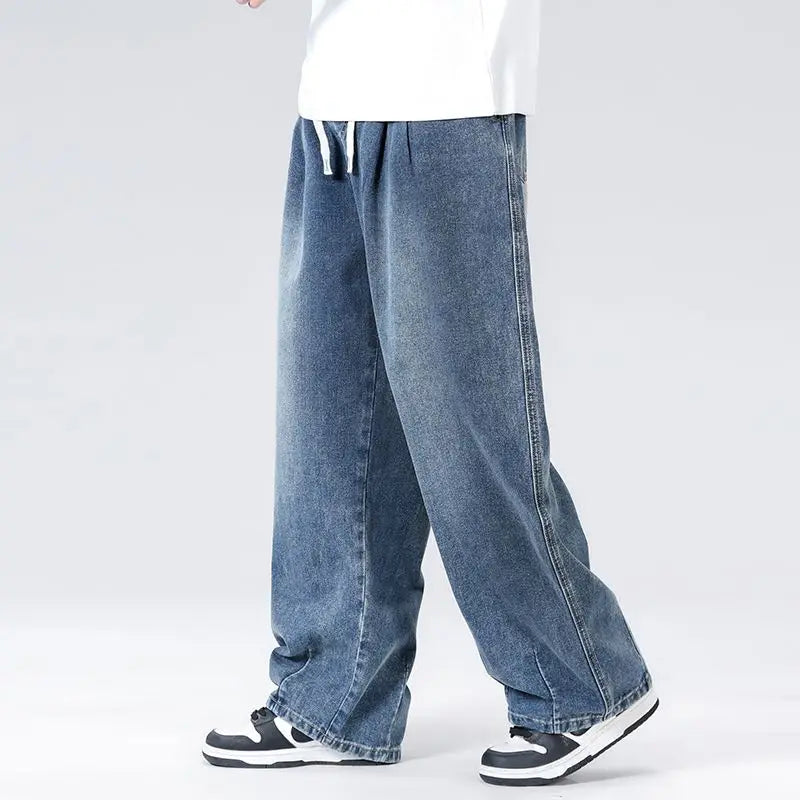 New Men's Elastic Waist Jeans Loose Wide Leg Casual Straight Long Trousers Comfortable Stretch Denim Pants Trendy Brand