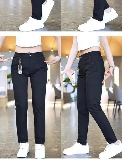 Summer Pants Ice Silk Men's Casual Simple Khaki Black Slim Straight Stretch Trousers Business Casual Male Clothing Pant