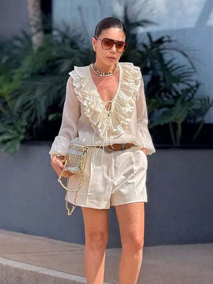 Elegant Women's Retro V-neck Ruffle Trim Long Sleeve Shirt 2025 Summer Casual Top Women's Fashion Translucent Thin Shirt