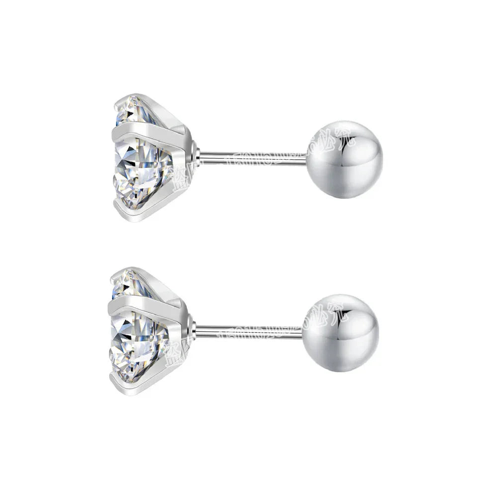Stainless Steel 5 Style CZ Zircon Silver Color Earrings For Women Men Crystal Screw Titanium Alloy Ear Studs Round Beads Jewelry