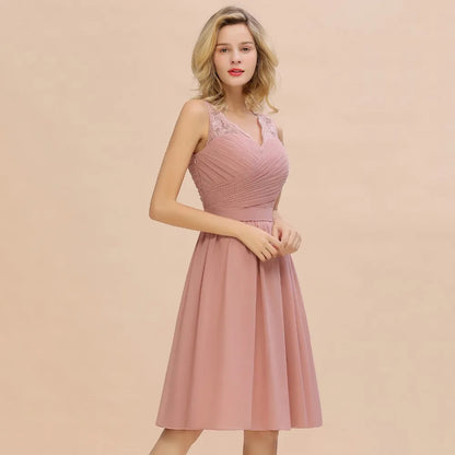 Dusty Rose Chiffon Lace Bridesmaid Dresses Pleat V Neck Short Formal Wedding Evening Party Prom Gown For Bride Cocktail Vestidos