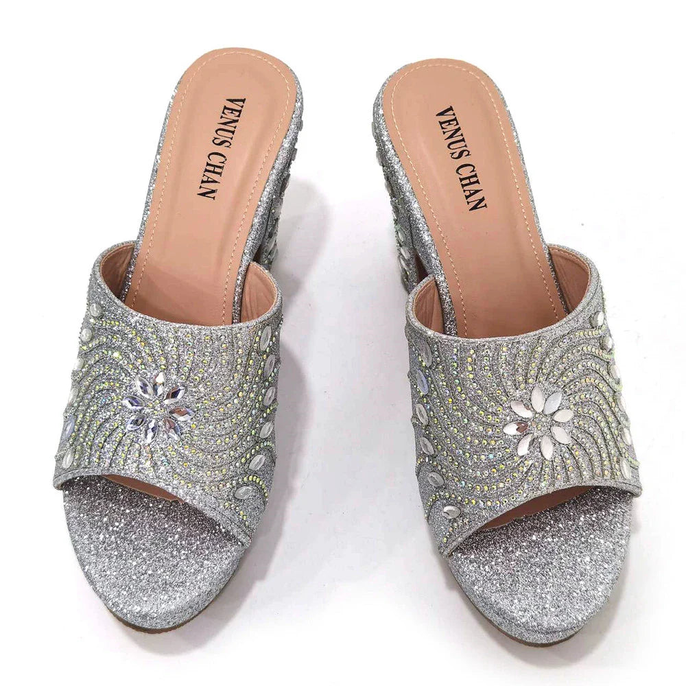 The Latest Italian Design Rotary Rhine-Diamond Floral Thick Heel Platform Women's Comfortable Shoes Bag and Shoe Set