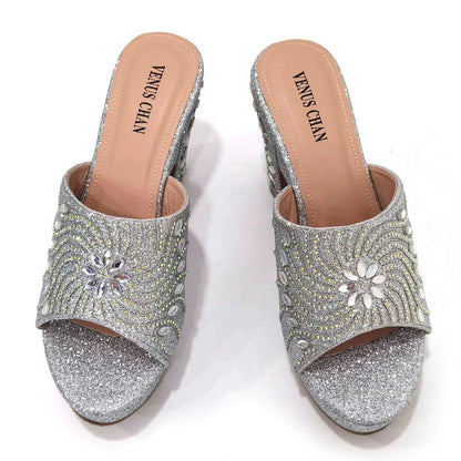 Women's Shoes High Heels Sexy Ladies Party Wedding Pattern Embroidery Mules Shoes and Bags Set for Italian