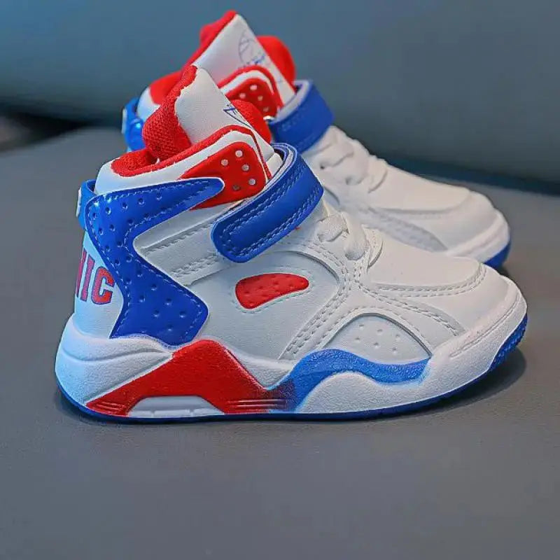 Children's Spring Autumn Casual Shoes Boy's Leather High Top Color Matching Sports Casual shoes Wear Resistant Basketball Shoes