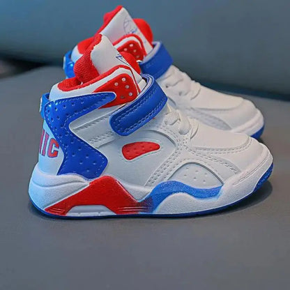 Children's Spring Autumn Casual Shoes Boy's Leather High Top Color Matching Sports Casual shoes Wear Resistant Basketball Shoes