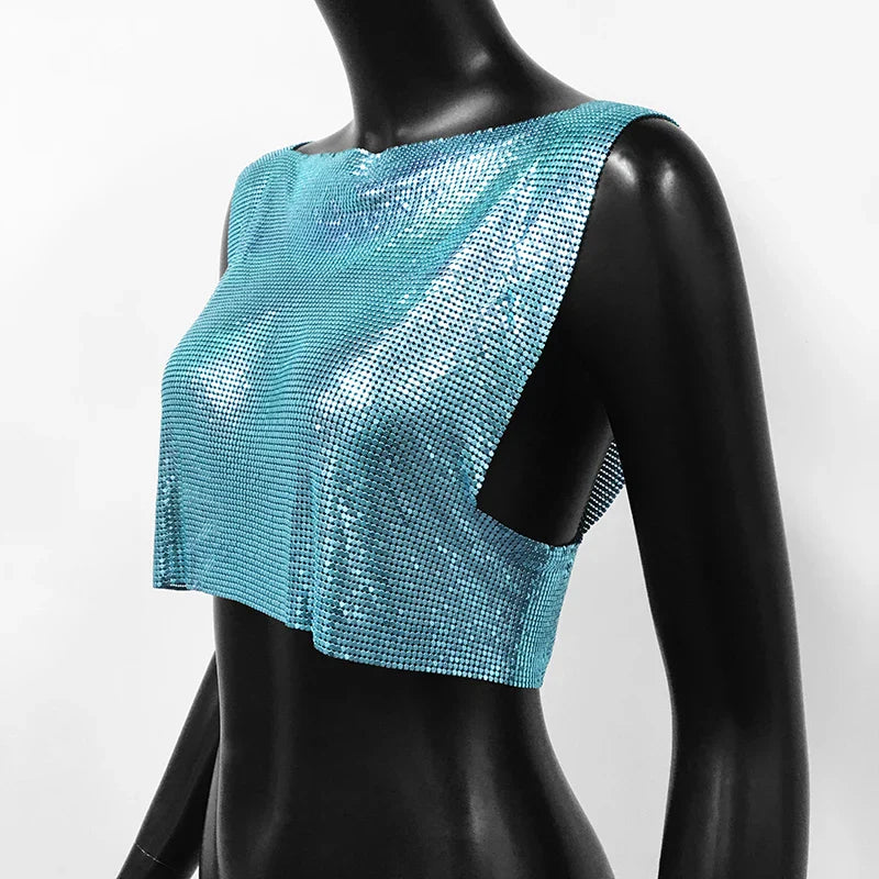 Sexy Metal Sequin Tank Top For Women y2k Summer Beach Backless Crop Top Rave Festival Club Outfits Camisole
