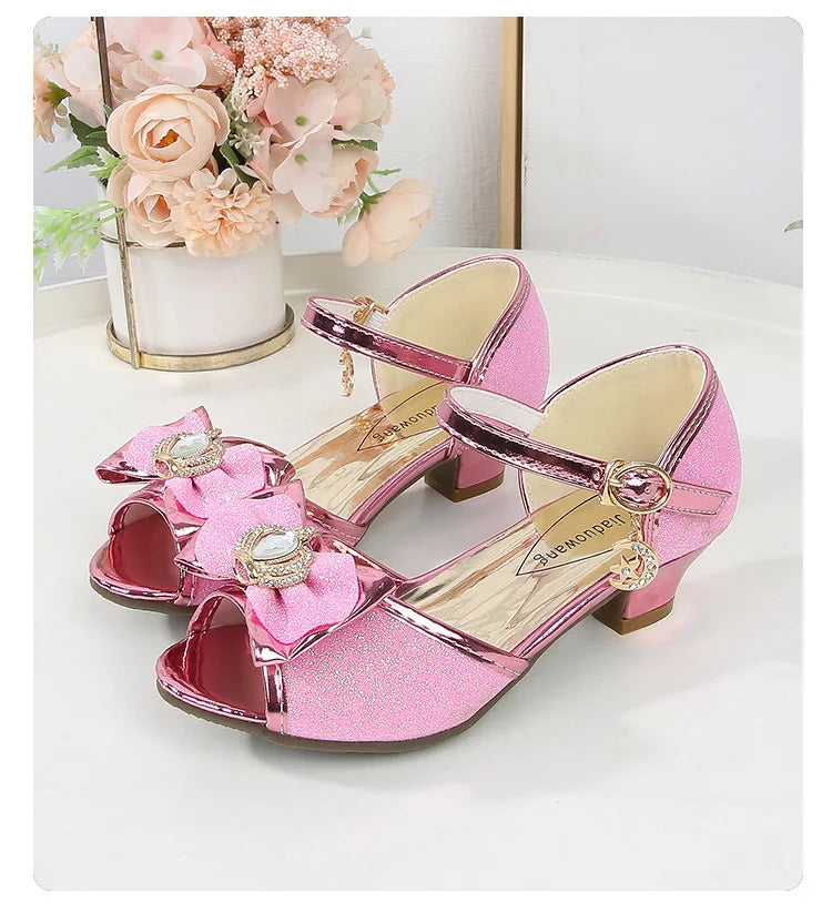 Girls Princess Sandals Summer Open-toe Elegant Children High Heels Fashion Sequins Crown Kids Causal Glitter Wedding Dress Shoes