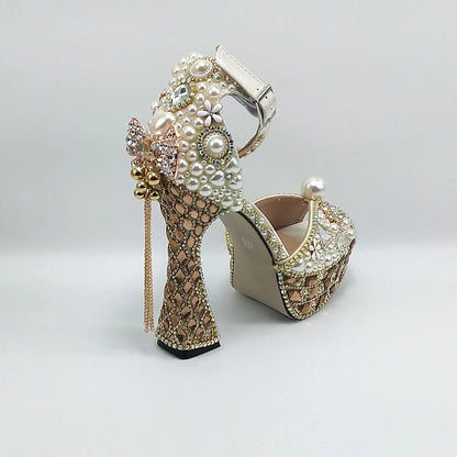 Luxury Champagne Golden Crystal wedding shoes matching bags woman fashion Thick heel Women party dress shoes Pointed Toe shoes