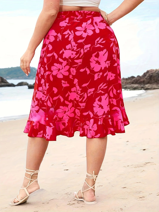 Plus Size Spring Summer Women Elegant Floral Print Slit Skirt Vacation Beach Style High Waist Skirts