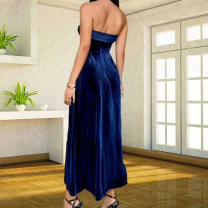 Women's Elegant Party Dresses Strapless Backless Velvet Long Dress Fashion Retro Dress Female Evening Dresses Vestidos Largos