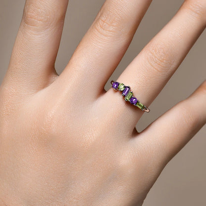 Minimalist Natural Amethyst Peridot Ring 925 Sterling Silver for Women Men Fine Wedding Party Wear Jewelry Gifts