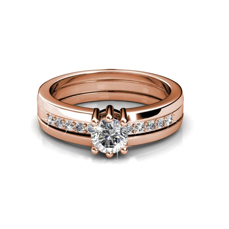 2 in 1 Wedding Ring with Swarovski Crystals Luxury Rose Gold Color Double Row for Women Romantic Engageme Party Jewelry