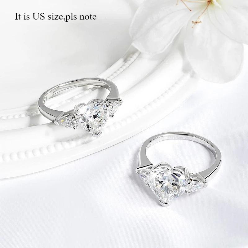1CT 2CT 3CT 4CT Heart Cut Moissanite Ring for Women 3 Stones Lab Diamond Wedding Band 925 Sterling Silver Jewelry