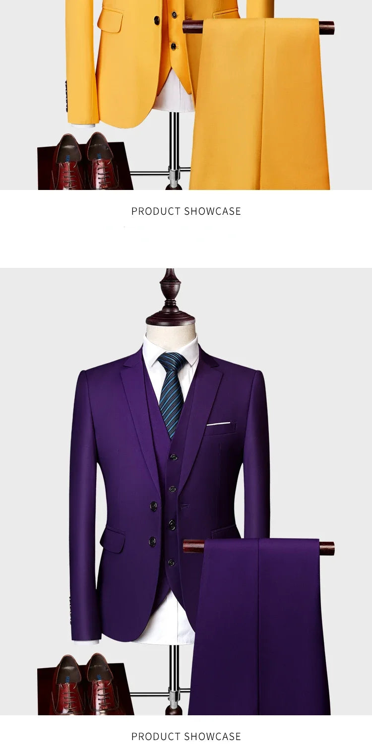 ( Jacket +Vest+ Pants ) Luxury Men's High-end Brand Solid Color Business Office Suit 3Pcs & 2Pcs Groom Wedding Party Suit Tuxedo