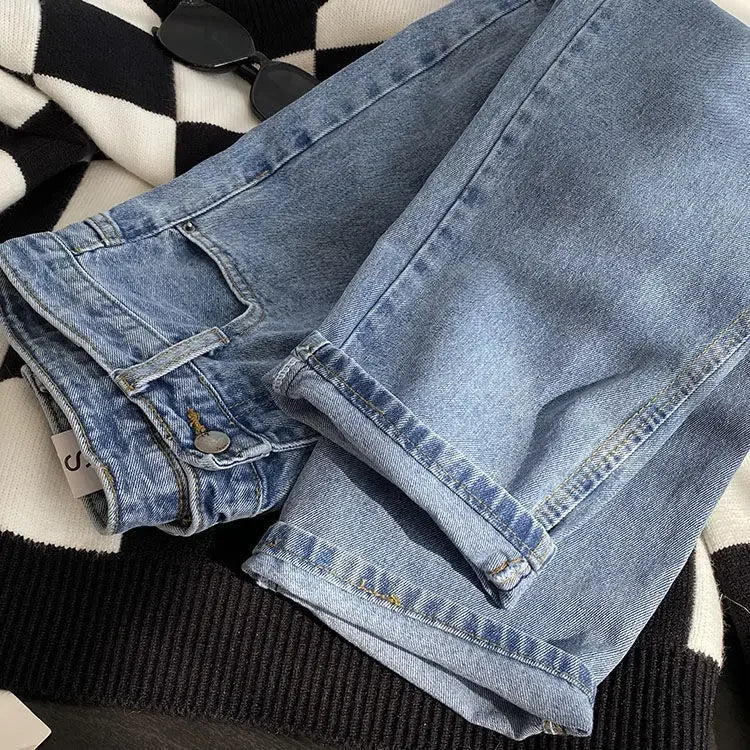 Autumn Collection High-Waisted Slimming Straight-Leg Denim Jeans Women's Loose-Fit Korean Style Ninemoth Half Pants