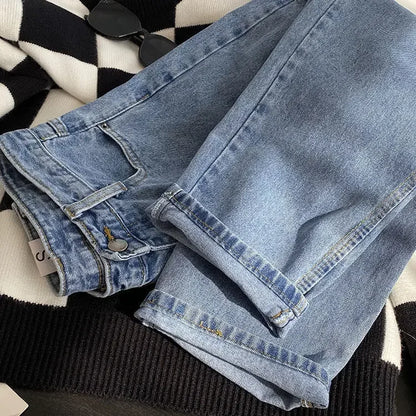 Autumn Collection High-Waisted Slimming Straight-Leg Denim Jeans Women's Loose-Fit Korean Style Ninemoth Half Pants