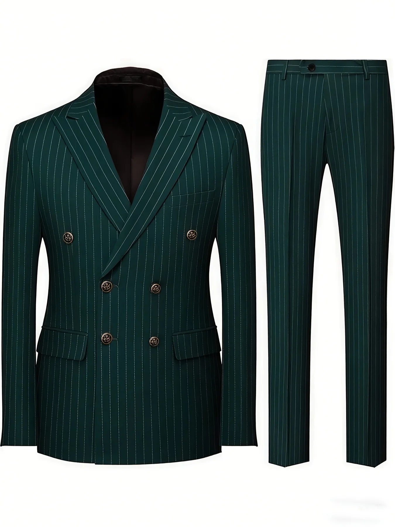 Men's Green Pinstripe Double Breasted Suit 2 Piece Slim Fit Formal Business Wedding Blazer Pants Set