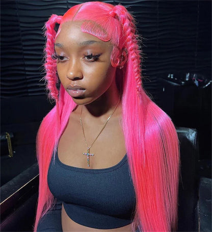 30 36 inch Hot Pink Transparent Lace Front Wig Human Hair 13x6 Lace Frontal Wigs For Women Long Straight Colored Human Hair Wigs