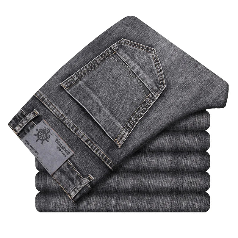 2022 Autumn Spring Fitted Straight Stretch Denim  Classic Style Badge Youth Men's Business Casual Jeans Trousers
