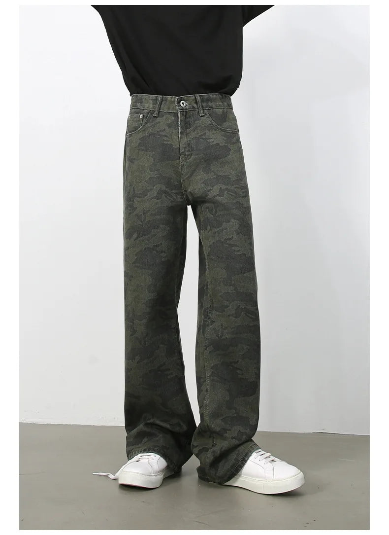 Tide Camouflage Jeans Men's Ins Loose Straight Wide Leg Casual Denim Pants Loose Male Trousers 12C2036
