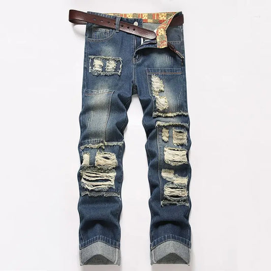 New Vintage Men's Jeans Casual Straight Stretch Fashion Classic Blue Work Denim Trousers Male Brand Clothing Hole Design Autumn