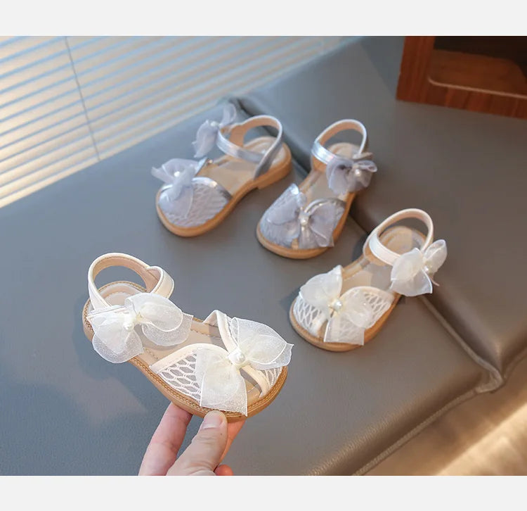 2025 Mesh Peep-toe Princess Shoes Girls Sandals with Tulle Butterfly-knot Summer Evening Wedding Party Bridesmaid Sandals I05292
